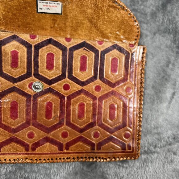 Vtg Tooled Leather boho hippie geometric Embossed Clutch Wallet Purse Handmade - Picture 3 of 7
